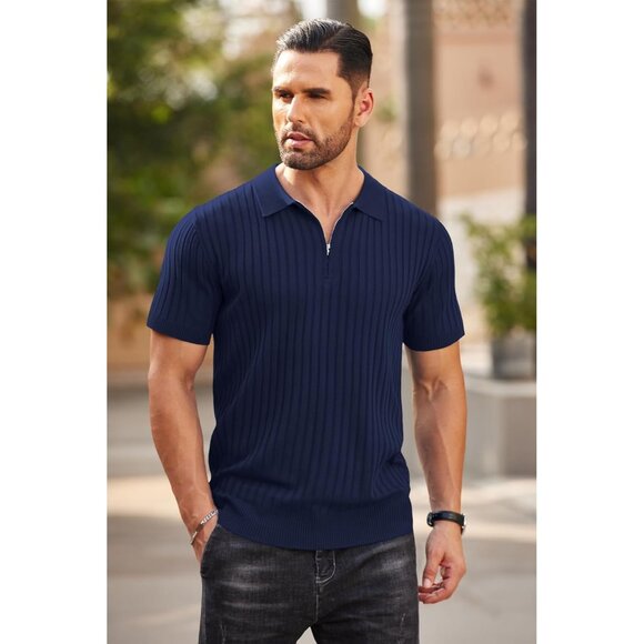 Men's Zipper Polo Shirts Short Sleeve Ribbed Knit Polo T Shirts Navy Blue - Picture 2 of 7